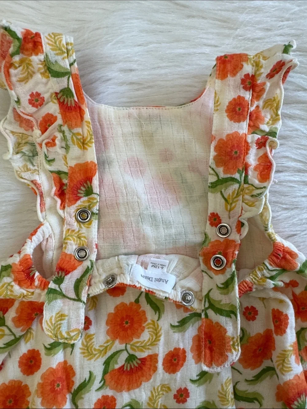 Angel Dear Muslin Orange Marigold Ruffle Sun Bubble Baby Romper Size 6-12 Month